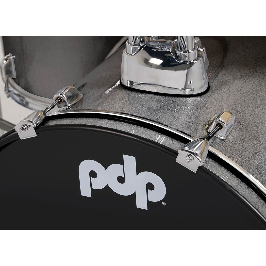 PDP Center Stage 5-Piece Complete Drum Kit w/ Hardware, Cymbals & Throne (7x10, 8x12, 14x16F, 16x22, 5x14 Snare) - Silver Sparkle