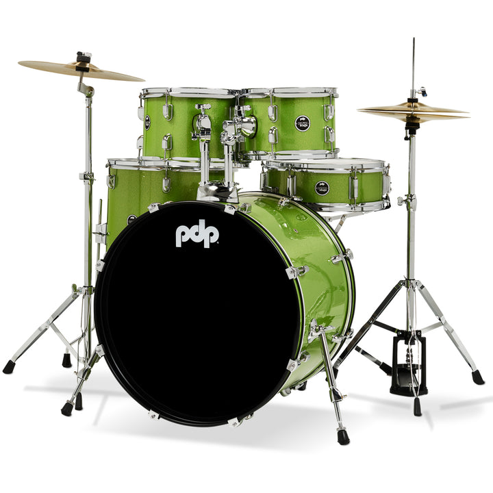 PDP Center Stage 5-Piece Complete Drum Kit w/ Hardware, Cymbals & Throne (7x10, 8x12, 14x16F, 16x22, 5x14 Snare) - Electric Green Sparkle