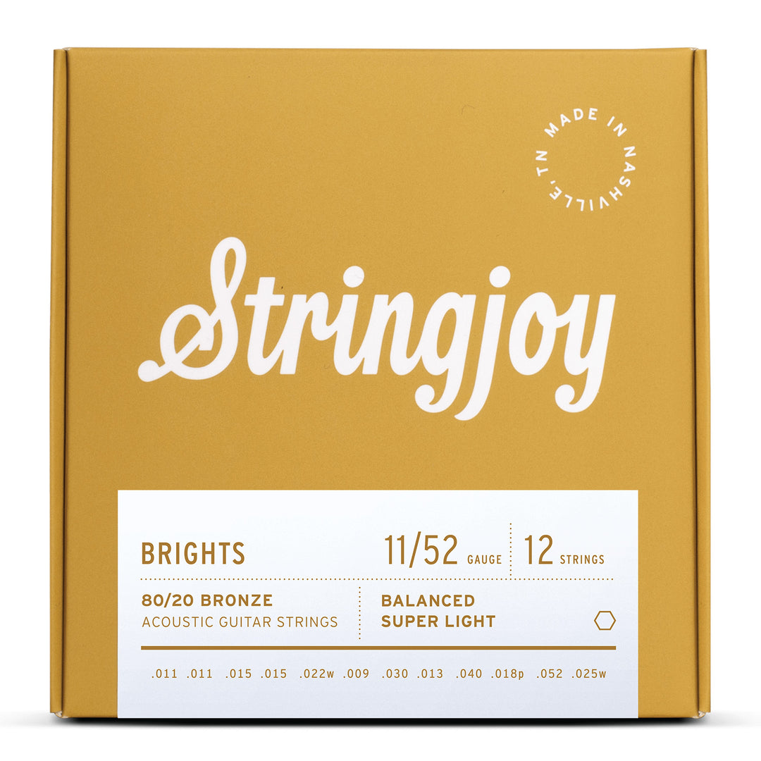 Stringjoy Brights | 12 String Super Light Gauge (11-52) 80/20 Bronze Acoustic Guitar Strings
