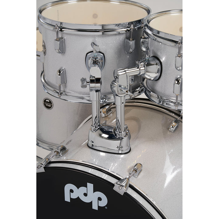 PDP Center Stage 5-Piece Complete Drum Kit w/ Hardware, Cymbals & Throne (7x10, 8x12, 12x14F, 14x20, 5x14 Snare) - Diamond White Sparkle