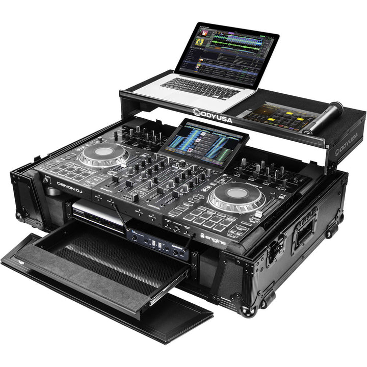Odyssey FZGSPRIME4W2 Flight Zone Glide Style Case for Denon DJ Prime 4 w/ Laptop Platform and 2U Rack - Black Label