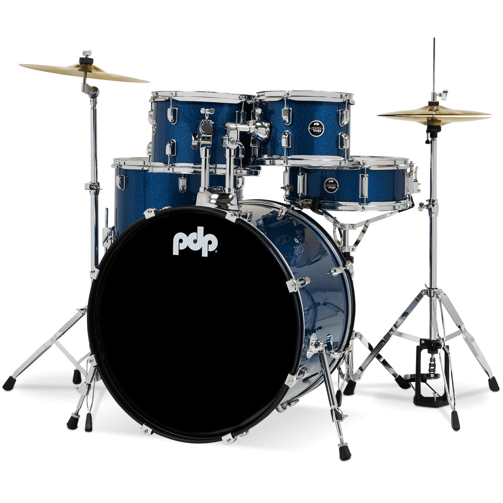 PDP Center Stage 5-Piece Complete Drum Kit w/ Hardware, Cymbals & Throne (7x10, 8x12, 14x16F, 16x22, 5x14 Snare) - Royal Blue Sparkle