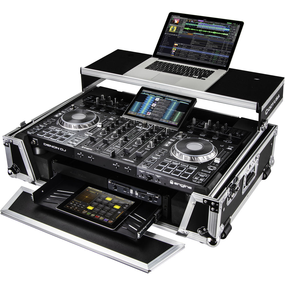 Odyssey FZGSPRIME4W2 Flight Zone Glide Style Case for Denon DJ Prime 4 w/ Laptop Platform and 2U Rack