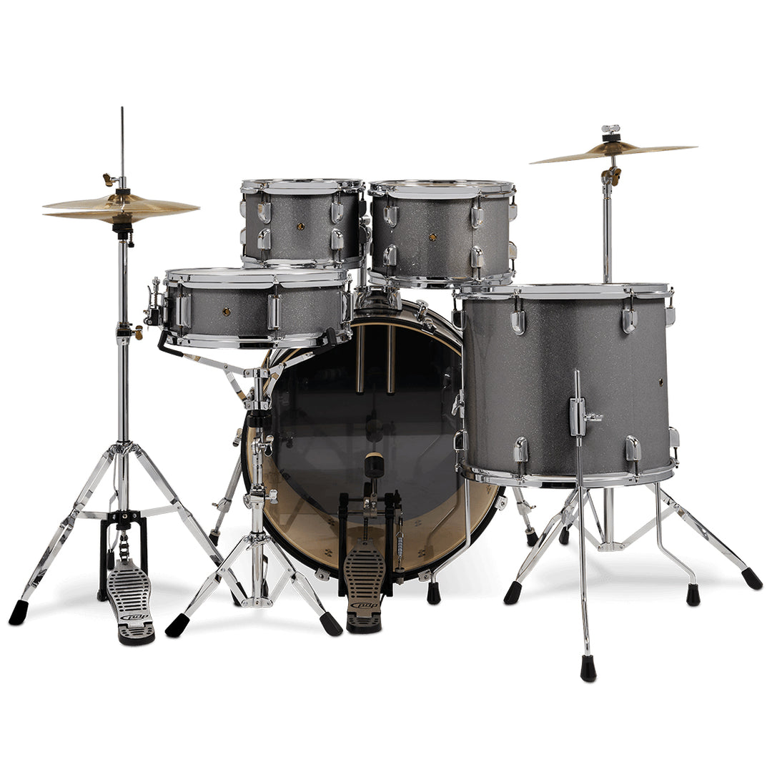 PDP Center Stage 5-Piece Complete Drum Kit w/ Hardware, Cymbals & Throne (7x10, 8x12, 14x16F, 16x22, 5x14 Snare) - Silver Sparkle