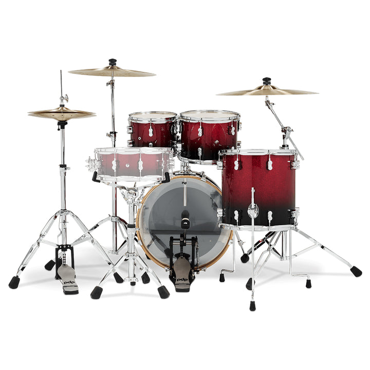 PDP Concept Maple Lacquer CM Fusion Kit Shell Pack w/ Chrome Hardware (16x20 w/ BDM, 8x10, 9x12, 14x14FT) - Red to Black Fade