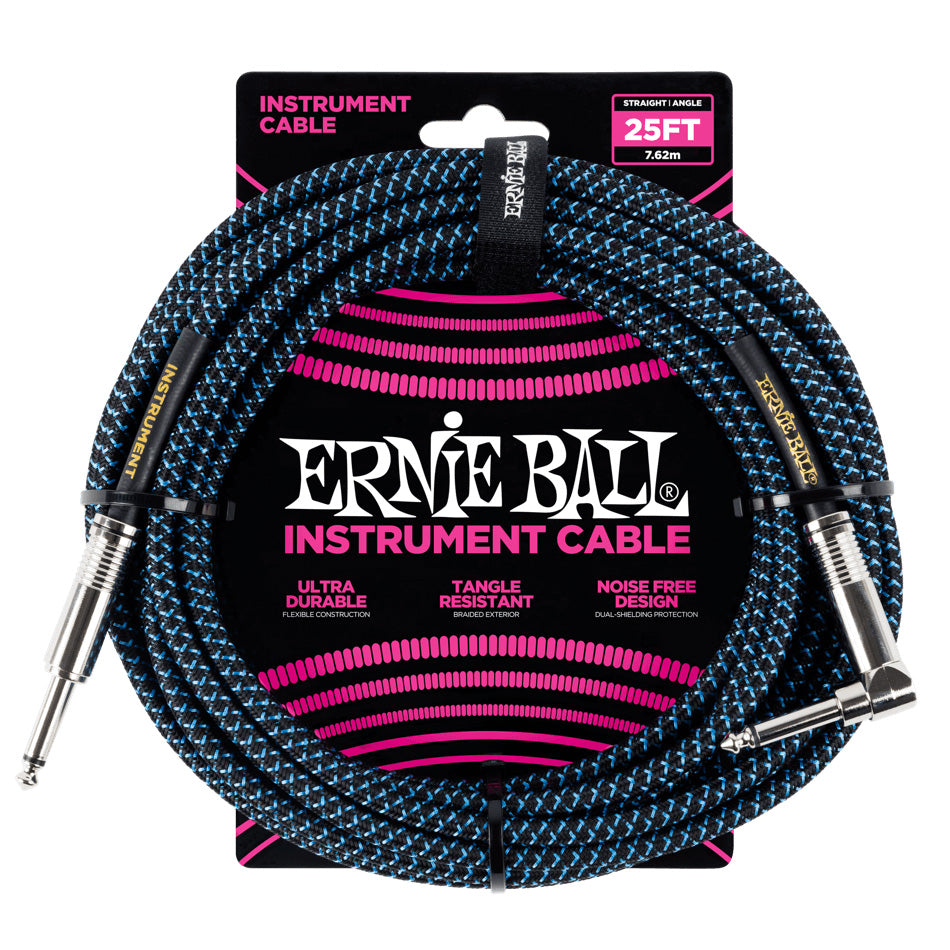 Ernie Ball Braided Instrument Cable Straight/Angle 25’ - Blue/Black