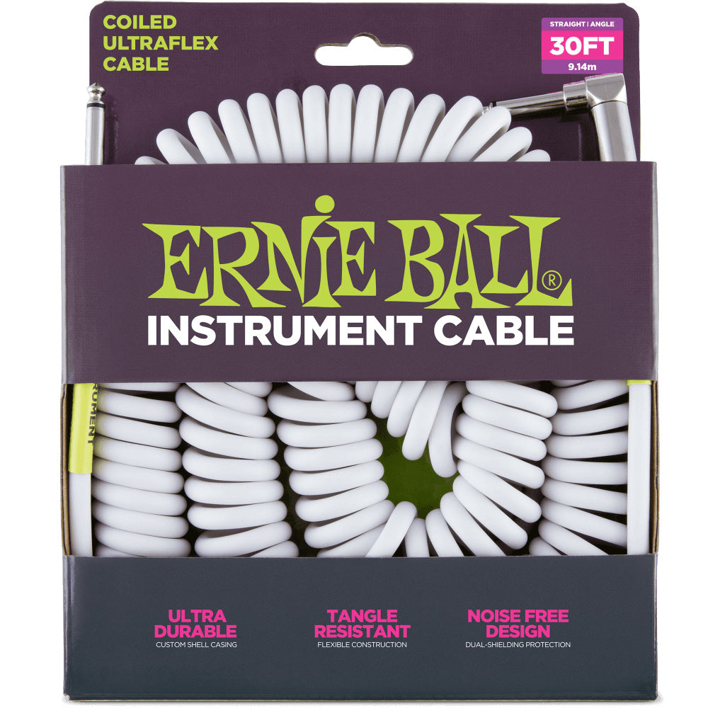 Ernie Ball Coiled Instrument Cable Straight/Angle White - 30’
