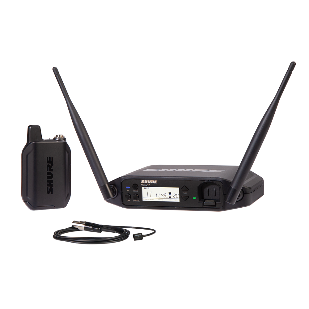 Shure GLXD14+ Dual Band Wireless System with GLXD4+ Tabletop Receiver GLXD1+ Bodypack Transmitter and WL93 Lavalier Microphone