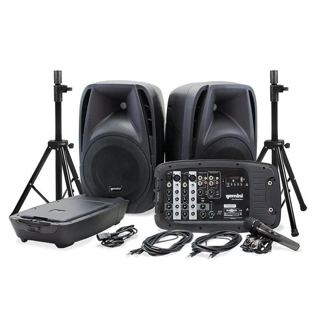 Gemini ES-210MXBLU PA System w/ 2x 10” Speakers, 8-Channel Bluetooth Mixer & Microphone (w/ Speaker Stands)