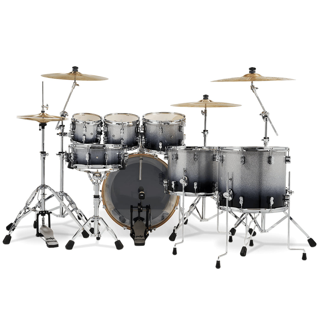 PDP Concept Maple Lacquer CM7 7-Piece Kit Shell Pack w/ Chrome Hardware (18x22 w/ BDM, 7x8, 8x10, 9x12, 12x14FT, 14x16FT, 5.5x14 Snare) - Silver to Black Fade