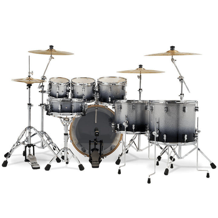 PDP Concept Maple Lacquer CM7 7-Piece Kit Shell Pack w/ Chrome Hardware (18x22 w/ BDM, 7x8, 8x10, 9x12, 12x14FT, 14x16FT, 5.5x14 Snare) - Silver to Black Fade