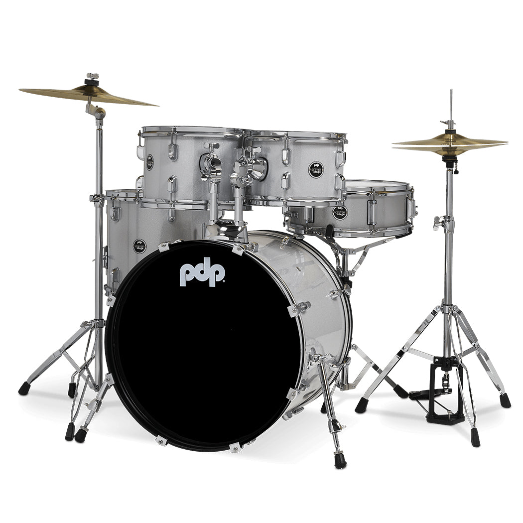 PDP Center Stage 5-Piece Complete Drum Kit w/ Hardware, Cymbals & Throne (7x10, 8x12, 12x14F, 14x20, 5x14 Snare) - Diamond White Sparkle